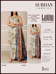 Ladies Digital Lawn Printed 3 Piece Suit with Printed Trouser - Unstitched