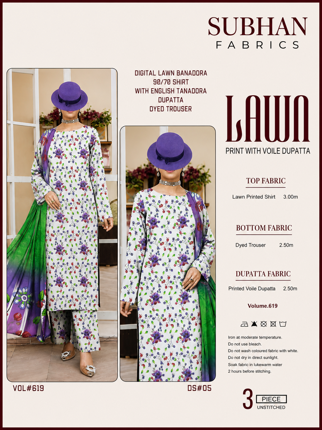 Ladies Digital Lawn Printed 3 Piece Suit with Printed Trouser - Unstitched