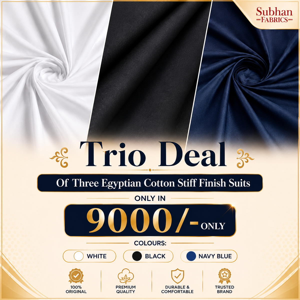 Egyptian Cotton 3 Suits Trio Deal Offer Big Discount Stiff Finish