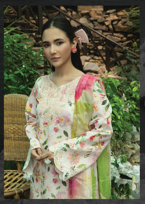 D-06 | 3 Pc Unstitched Embroidered Digital Printed Lawn Flora By Sanam Saeed