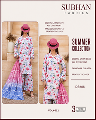 Ladies Digital Lawn Printed 3 Piece Suit with Printed Trouser - Unstitched