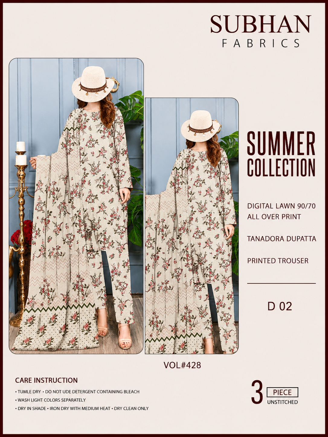Ladies Digital Lawn Printed 3 Piece Suit with Printed Trouser - Unstitched